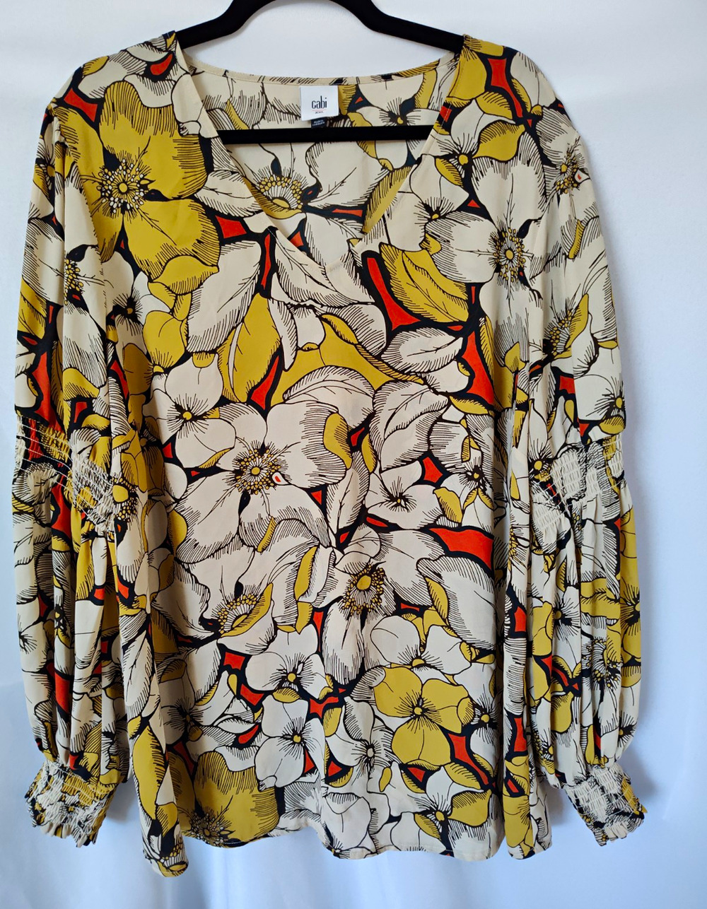 CAbi Floral Woven V-Neck Pullover Blouse Smocked Cuff Long Sleeve Size 10
